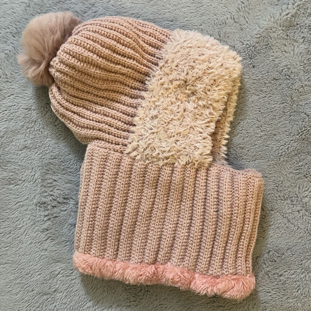 Women's Pink Knit Balaclava Hat & Face Mask One-Piece Faux Fur Pom Pom New